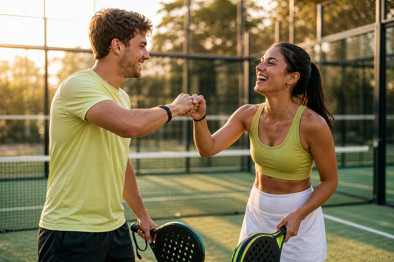 Dos jugadores celebrando un match en la pista de pádel